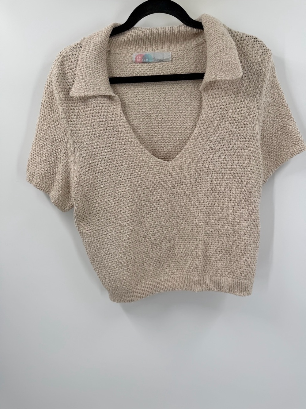 Free People Beach Beige Knit Short Sleeve Sweater Top Women’s Size L